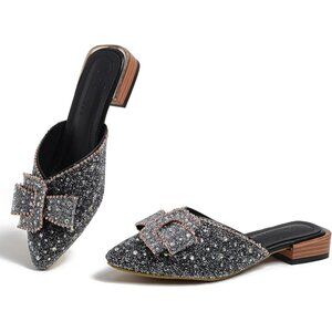 Women's Black Flats Comfortable Soft Insole Pointed Cherry Rivert Mule Shoes